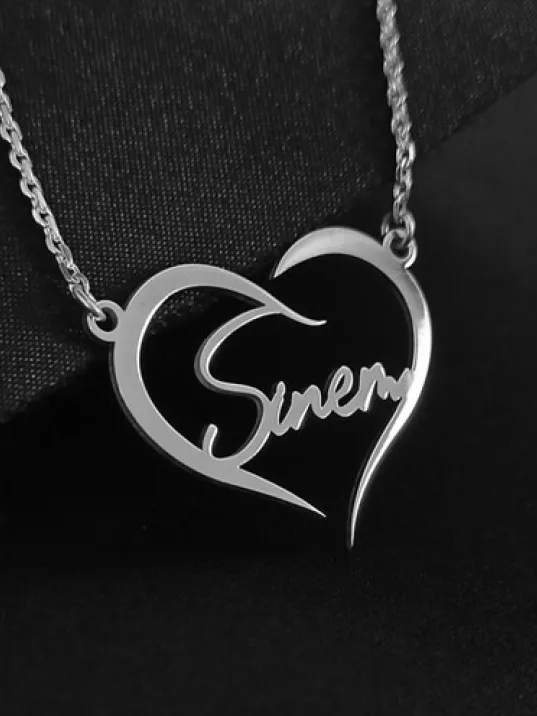 Kişiye Özel Kalp İçinde İmza İsim Yazılan Bayan Gümüş Kolye Zincir GKLGMSISIMY