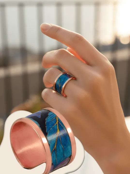 Kadın Bakır Yüzük - Elisa Model Özel Baskı Metal Kutu Ve Kuvars Taşı