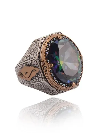 Mistik Topaz Taşlı Zirkon Bezeli Yanı Hiç Yazılı Erkek Gümüş Yüzük