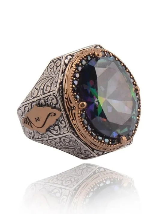 Mistik Topaz Taşlı Zirkon Bezeli Yanı Hiç Yazılı Erkek Gümüş Yüzük