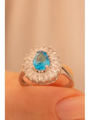 Kadın Gümüş Yüzük - Damla Model Mavi Topaz Taşlı Baget Süslemeli Rodyumlu Kadın Yüzük