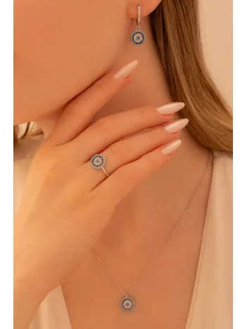 Kadın Gümüş Set - Yuvarlak Model Nazar Boncuğu Motifli Kadın Set