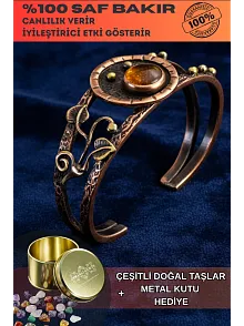 Kadın Bakır Bileklik - Sarı Akik Yaprak Motifli Kadın Bilezik Doğal Taşlar ve Metal Kutulu