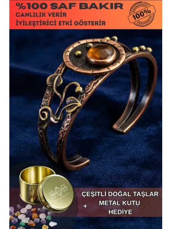 Kadın Bakır Bileklik - Sarı Akik Yaprak Motifli Kadın Bilezik Doğal Taşlar ve Metal Kutulu