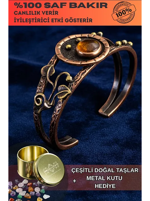 Kadın Bakır Bileklik - Sarı Akik Yaprak Motifli Kadın Bilezik Doğal Taşlar ve Metal Kutulu
