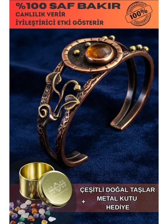 Kadın Bakır Bileklik - Sarı Akik Yaprak Motifli Kadın Bilezik Doğal Taşlar ve Metal Kutulu Kadın Bakır Bileklik - Sarı Akik Yaprak Motifli Kadın Bilezik Doğal Taşlar ve Metal Kutulu