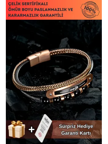 Doğal Oniks Taşlı Deri Çelik 3 Lü Erkek Bileklik Çapa Motifli