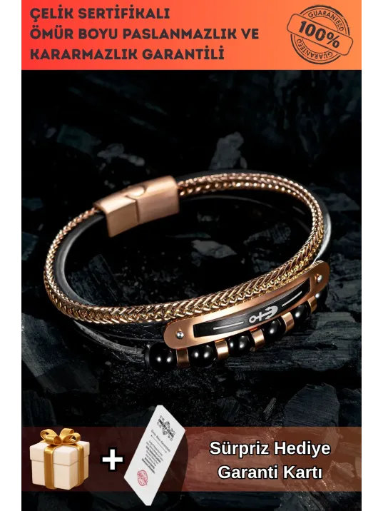 Doğal Oniks Taşlı Deri Çelik 3 Lü Erkek Bileklik Çapa Motifli