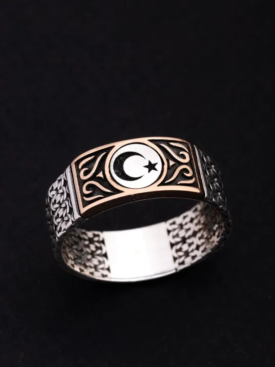 Erkek Gümüş Yüzük - Ayyıldız İşlemeli İnce Kibar Model Gümüş Yüzük