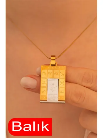 Kadın Çelik Kolye - Çelik Dikdörtgen Model Burç İşlemeli Kadın Kolye