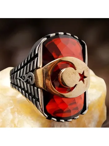 Kırmızı Zirkon Taşlı Ay Yıldızlı Erkek Gümüş Yüzük