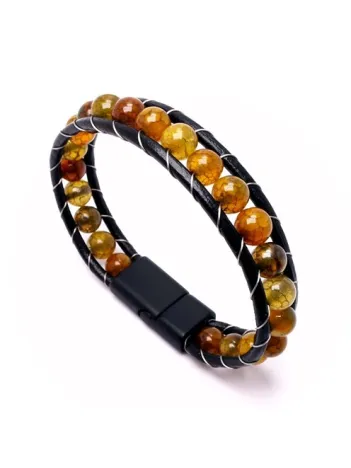 Erkek Kahverengi Akik Doğal Taş Deri Bileklik