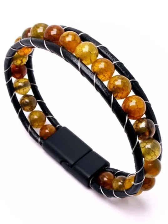 Erkek Kahverengi Akik Doğal Taş Deri Bileklik