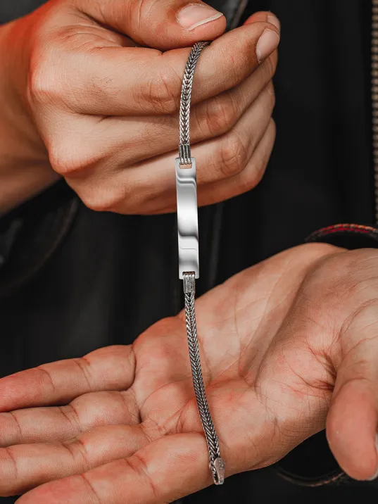 Erkek Gümüş Bileklik - İsim Yazılan Yassı Tilki Kuyruğu Zincir Erkek Bileklik