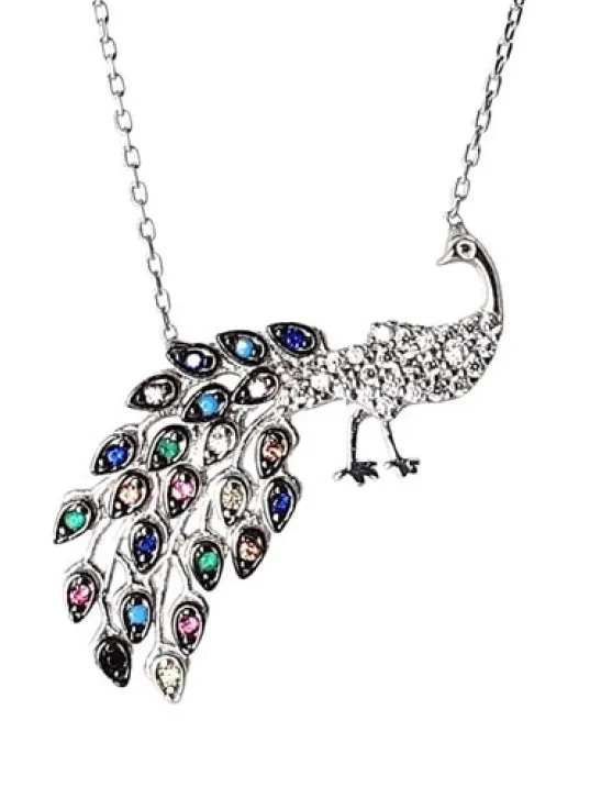 Zümrüt ve Yakut Taşlı Tavus Kuşu Figürlü Bayan Gümüş Kolye