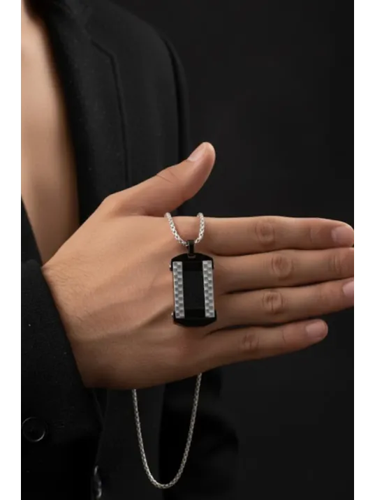 Erkek Karbon Fiber Görünümlü Polo Zincir Model Paslanmaz Çelik Plaka Kolye