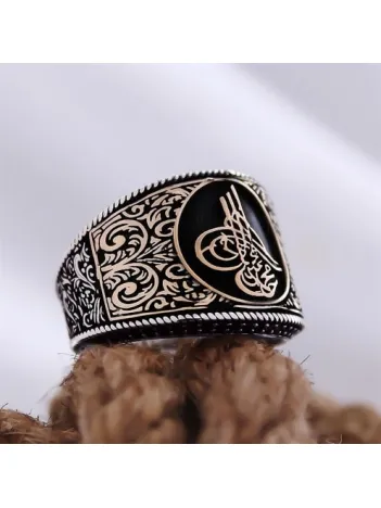 Osmanlı Tuğralı Yanı İşlemeli Özel Seri Erkek Gümüş Yüzük