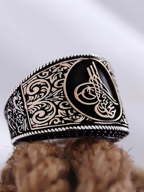 Osmanlı Tuğralı Yanı İşlemeli Özel Seri Erkek Gümüş Yüzük
