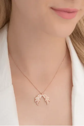 Zirkon Taşlı Rose Kanat Model Kadın Gümüş Kolye GKLKNTM1DEL-ROS