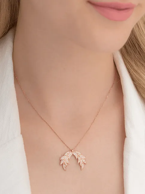Zirkon Taşlı Rose Kanat Model Kadın Gümüş Kolye GKLKNTM1DEL-ROS