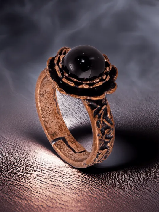 Kadın Bakır Bileklik Yüzük Set - Oniks Taşlı Yuvarlak Ağaç Kabuğu Model İnce Metal Kutu Kuvars Taşı