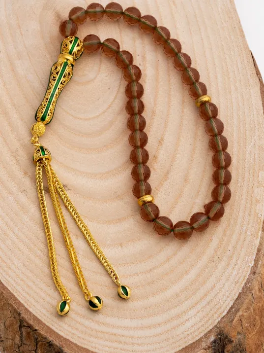 Doğal Taşlı Tespih - Gümüş Püskül Zultanit Taşlı Altın Kaplama Orta Boy Tesbih 7.2mm