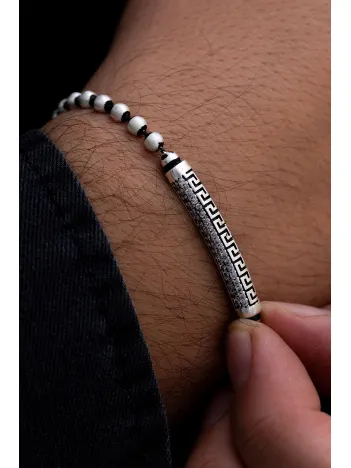Erkek Gümüş Bileklik -Top Zincirli Grek Desenli Zirkon Taşlı Gümüş Bileklik