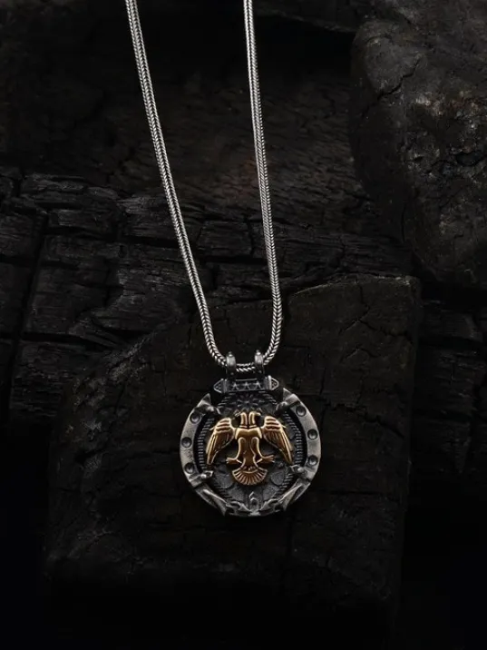 Selçuklu Çift Başlı Kartal Figürlü Erkek Gümüş Kolye Zincir Gklyzkhnkrt-gms