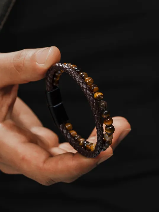 Doğal Taşlı Kaplan Gözü Deri Bileklik DBLTPRKPLNG