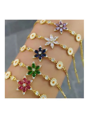 Altın Kaplama Nergis Çiçeği Zirkon Taşlı Gümüş Bileklik-Mor