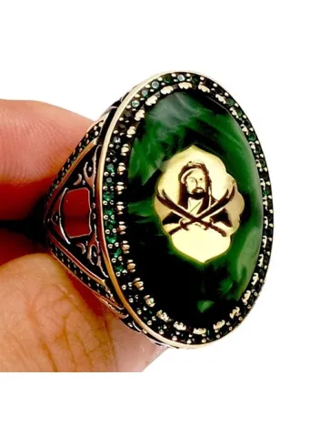 Hz. Ali ve Zülfikar Motifli Sıkma Kehribarlı Gümüş Erkek Yüzük