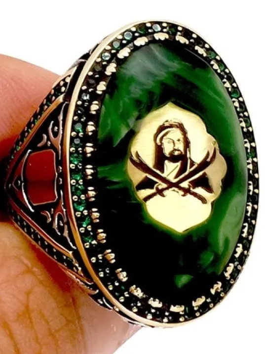 Hz. Ali ve Zülfikar Motifli Sıkma Kehribarlı Gümüş Erkek Yüzük