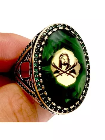 Hz. Ali ve Zülfikar Motifli Sıkma Kehribarlı Gümüş Erkek Yüzük