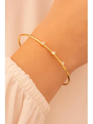 Kadın Gümüş Bileklik - Kadın Kelepçe - El Yapımı Altın Kaplama 3 Sıra Zirkon Taşlı Kadın Bileklik