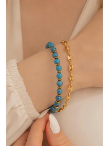 Kadın Bileklik-Çelik Mavi Taşlı Gemici Model Kadın Bileklik