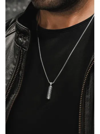 Erkek Gümüş Cevşen Muska Zincir Geometrik Desenli