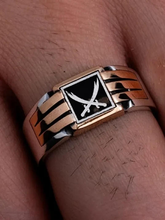 Erkek Gümüş Yüzük - Çift Zülfikarlı Kılıçlı İnce Kibar Erkek Yüzüğü