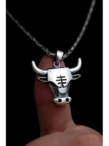 Erkek Gümüş Kolye - Chicago Bulls - Boğa Kafası Figürlü Erkek Kolye