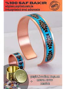 Kadın Bakır Bileklik Yüzük Set - Charmaleon Model Özel Baskı Metal Kutu Ve Doğal Taşlar