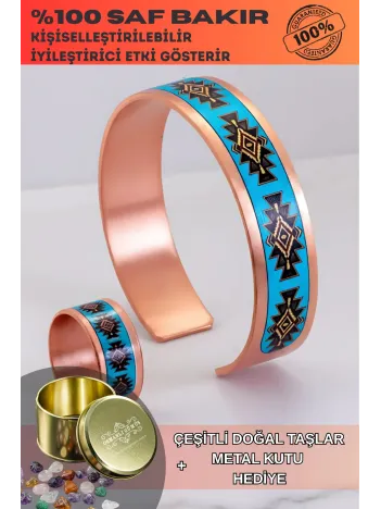 Kadın Bakır Bileklik Yüzük Set - Charmaleon Model Özel Baskı Metal Kutu Ve Doğal Taşlar