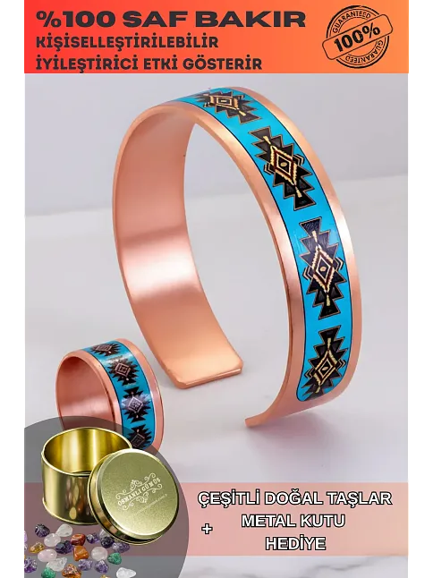 Kadın Bakır Bileklik Yüzük Set - Charmaleon Model Özel Baskı Metal Kutu Ve Doğal Taşlar