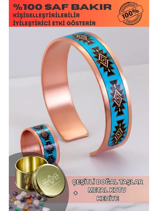 Kadın Bakır Bileklik Yüzük Set - Charmaleon Model Özel Baskı Metal Kutu Ve Doğal Taşlar
