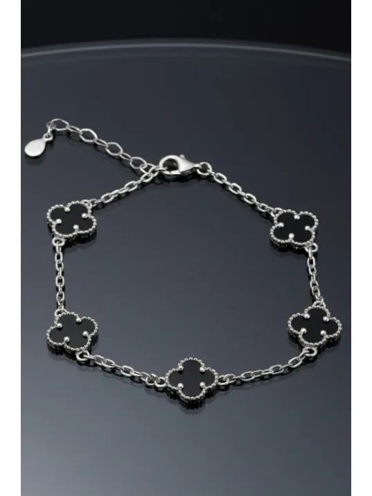 Kadın Gümüş Bileklik - Şans Dört Yaprak Motifli Oniks Taşlı Bilezik