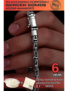 6 mm Özel Kilit Tasarımlı Yuvarlak Kesim Kral Model Erkek Gümüş Bileklik