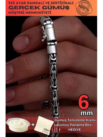 6 mm Özel Kilit Tasarımlı Yuvarlak Kesim Kral Model Erkek Gümüş Bileklik