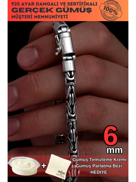 6 mm Özel Kilit Tasarımlı Yuvarlak Kesim Kral Model Erkek Gümüş Bileklik