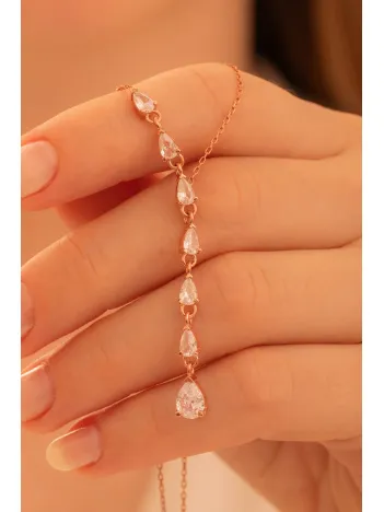 Zirkon Taşlı Rose Damla Model Kadın Gümüş Kolye GKLZRKNTDML-ROS