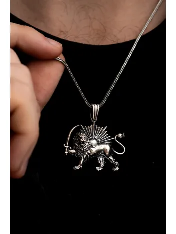 Erkek Gümüş Kolye - İran Pehlevi Aslanı Gümüş Kolye