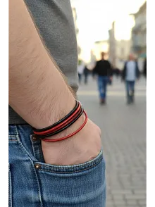 Erkek Deri Bileklik - Altı Sıra Kırmızı Siyah Deri Erkek Bileklik