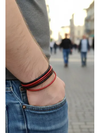 Erkek Deri Bileklik - Altı Sıra Kırmızı Siyah Deri Erkek Bileklik